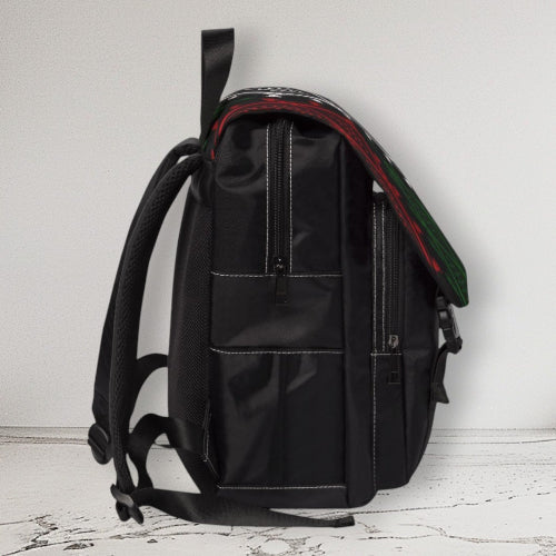 black leather backpack with red and white stripes Palestinian Keffiyeh Backpack – Red, White & Green