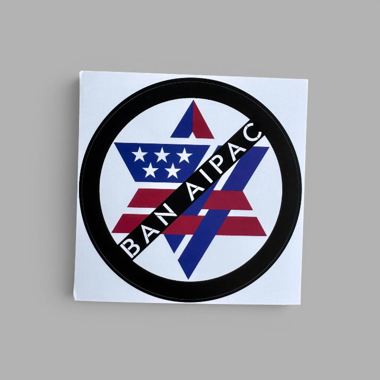 A square white sticker or decal featuring a black circular border and a central symbol combining a blue and red six-pointed star with white stars, overlaid with a red and blue X and the words 'BAN AIPAC' in white on a black diagonal bar, shown on a plain gray background.
