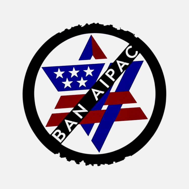A circular graphic design featuring a black outer ring with a distressed edge, a white center, and a stylized six-pointed star composed of red and blue stripes with white stars. A black diagonal banner across the center reads 'BAN AIPAC' in white capital letters.