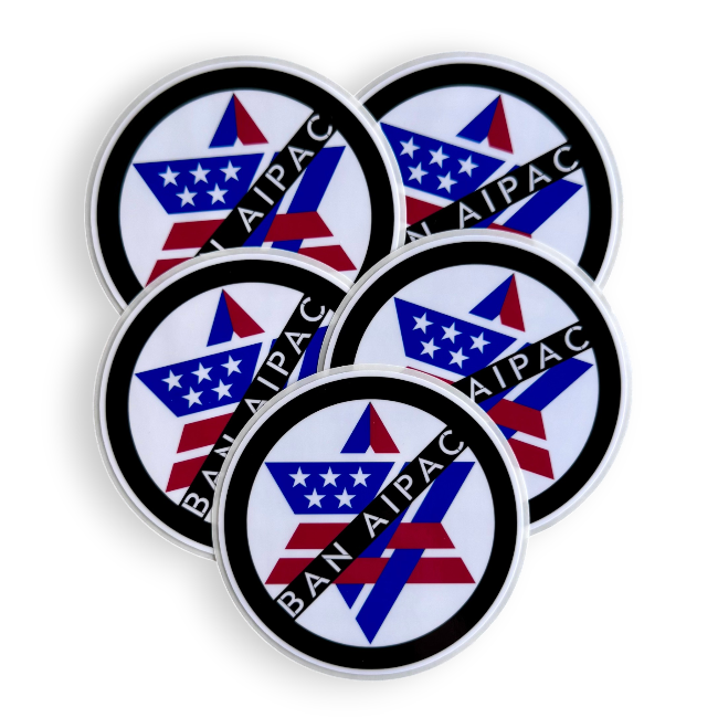 Five circular stickers with AIPAC logo and 'Ban AIPAC' text on a white background