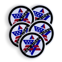 Five circular stickers with AIPAC logo and 'Ban AIPAC' text on a white background