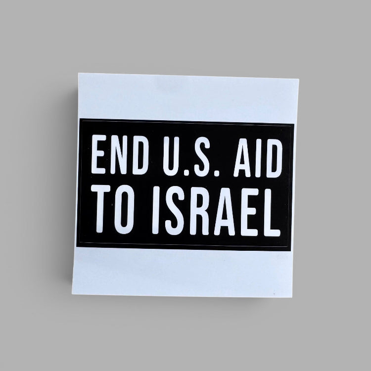 A square sticker or sign with a white border and a black center panel featuring the text 'END U.S.