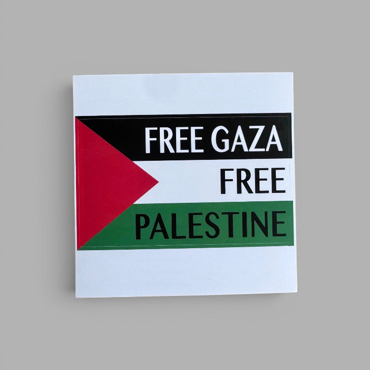 A square white sticker or magnet featuring the Palestinian flag colors and text reading 'FREE GAZA FREE PALESTINE' on a plain gray background.