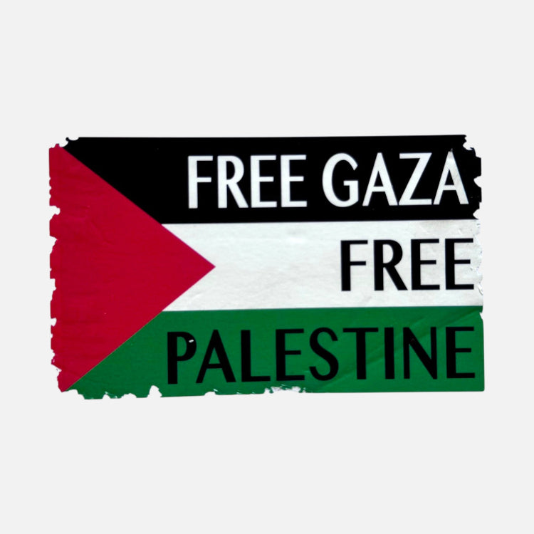 A rectangular graphic with the Palestinian flag colors and text reading 'FREE GAZA' and 'PALESTINE' on a light gray background.