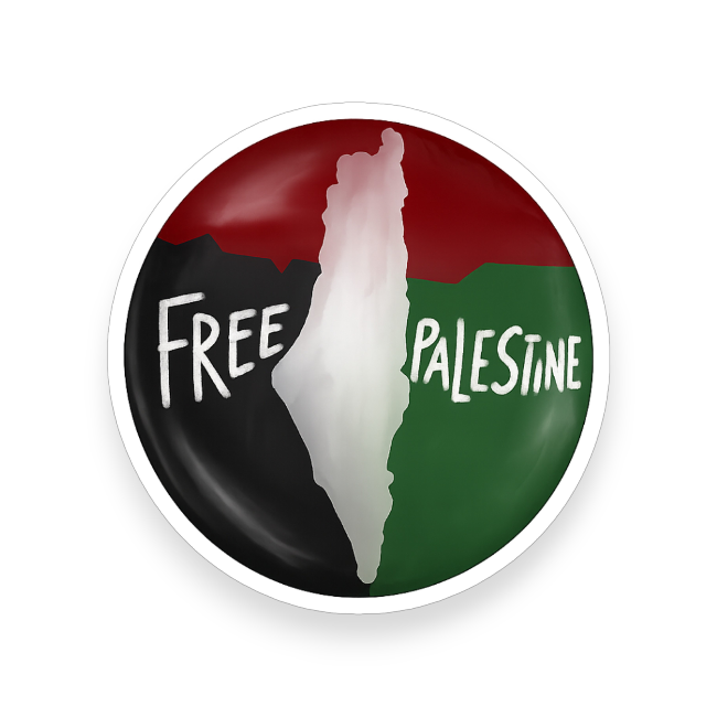 Globe sticker with 'Free Palestine' text and Palestinian flag colors on a white background