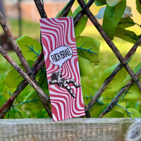 A bookmark with a red and white striped background featuring an illustration of an astronaut and the text 'FUCK ISRAEL'.
