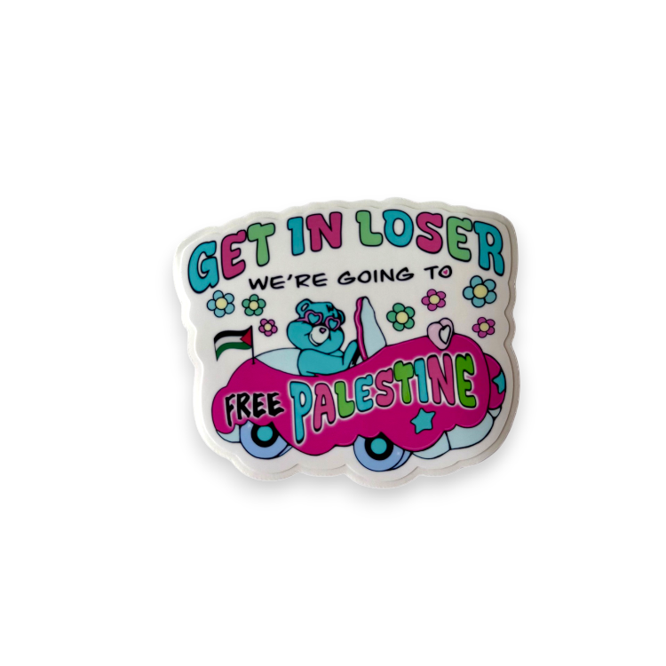 Colorful enamel sticker with cartoon character and text 'Get in Loser, we're going to Free Palestine' on a white background