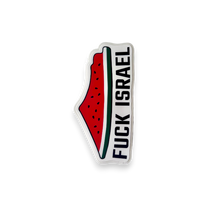 Watermelon-shaped pin with 'Fuck Israel' text on a white background
