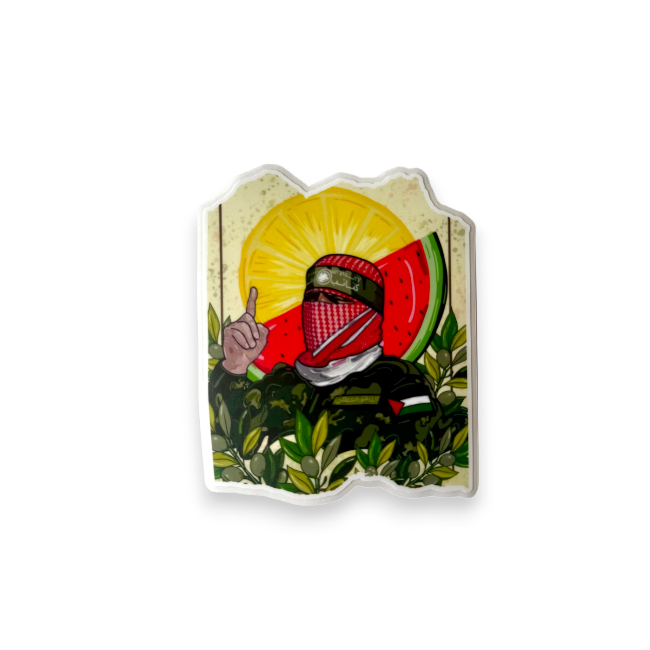 Decorative tile with a colorful design of a person wearing a keffiyeh surrounded by olive branches and watermelon slice on a white background.