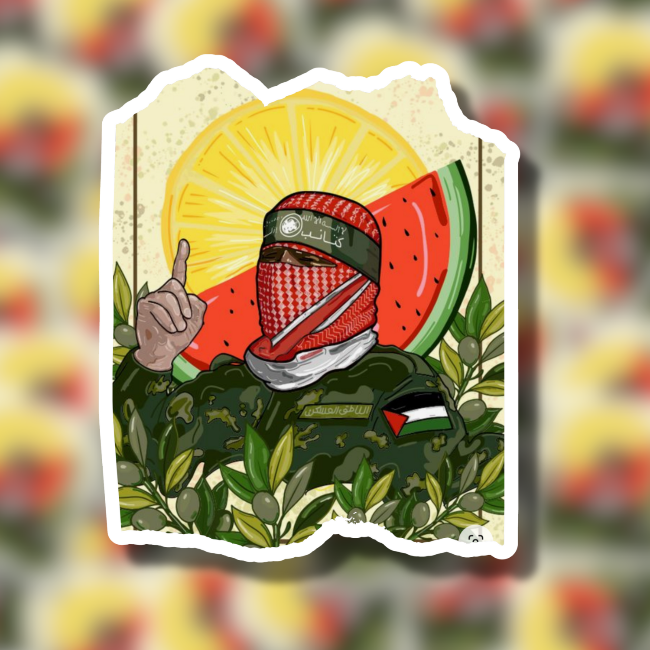 Illustration of a hand with a watermelon and flag design, surrounded by leaves on a blurred background.