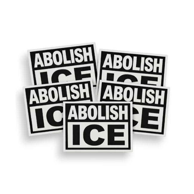 Multiple 'Abolish ICE' stickers on a white background