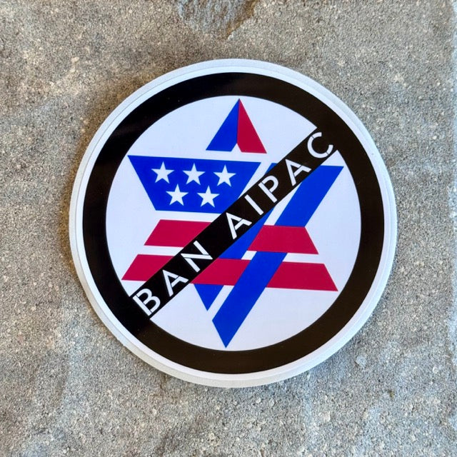Sticker with 'BAN AIPAC' text on a circular design with red, white, and blue colors.
