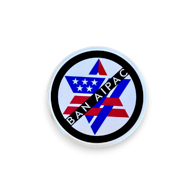 Circular sticker with American flag design and text 'Ban AIPAC' on a white background