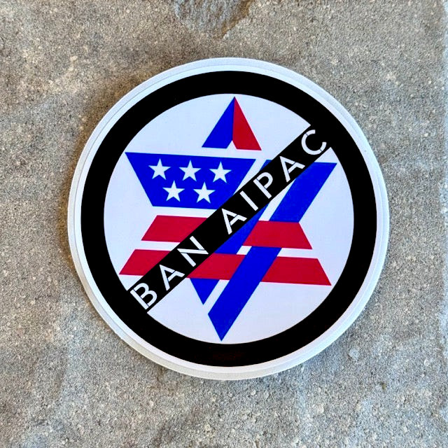 Sticker with 'BAN AIPAC' text on a circular design with red, white, and blue colors.