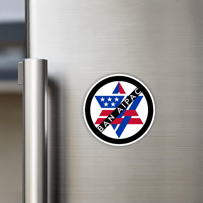 Fridge magnet with a ban aipac design and text on a metallic surface
