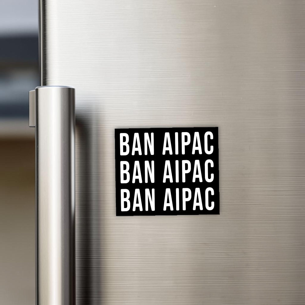 Magnet with 'BAN AIPAC' text on a metallic surface