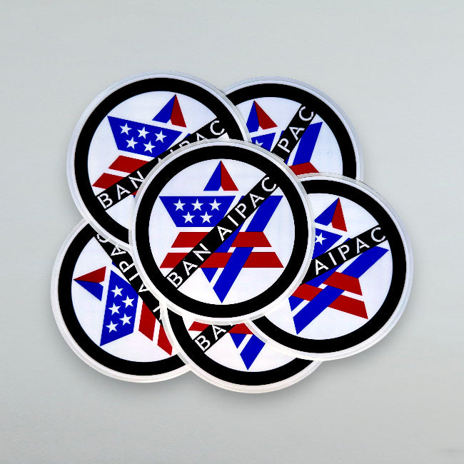 Five circular stickers with AIPAC logo and 'Ban AIPAC' text on a gray background