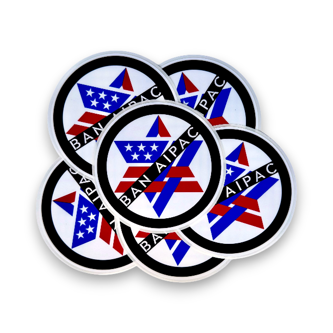 Circular stickers with AIPAC logo and 'Ban AIPAC' text on a white background