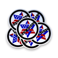 Circular stickers with AIPAC logo and 'Ban AIPAC' text on a white background