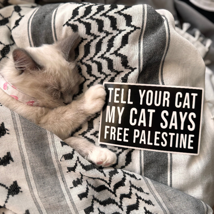 Cat holding a sticker that says 'Tell your cat my cat says free Palestine' on a keffiyeh