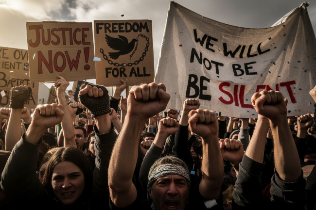 Protest scene with people holding signs and raising fists against a cloudy sky.