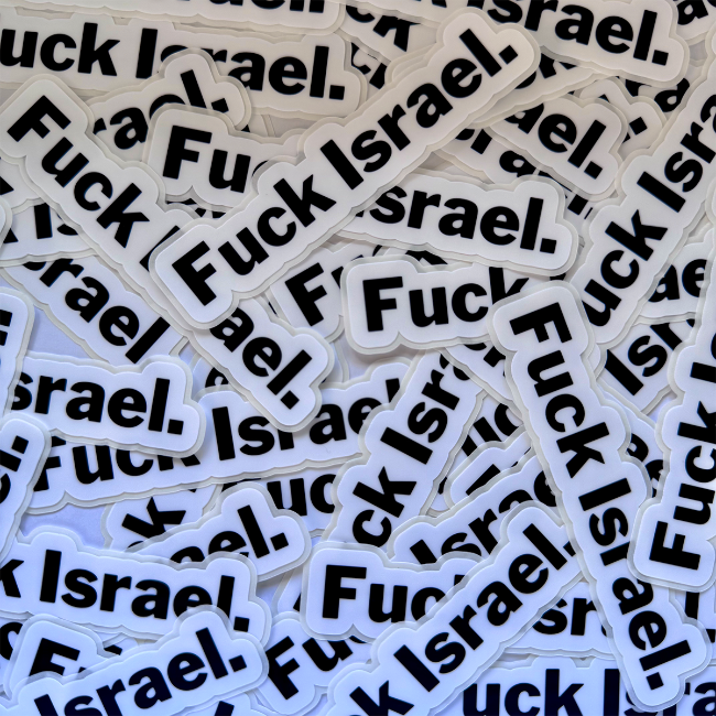 fuck israel stickers laid out flat on table