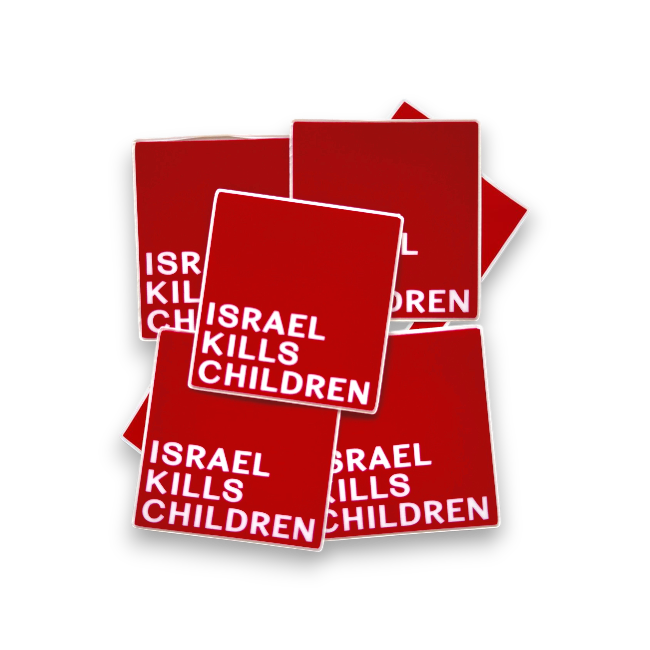 Red stickers with 'Israel Kills Children' text on a white background