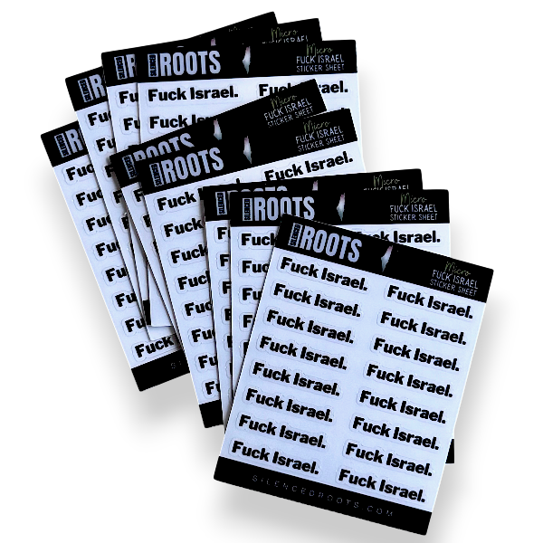 Multiple sheets of stickers with 'Fuck Israel' text on a white background