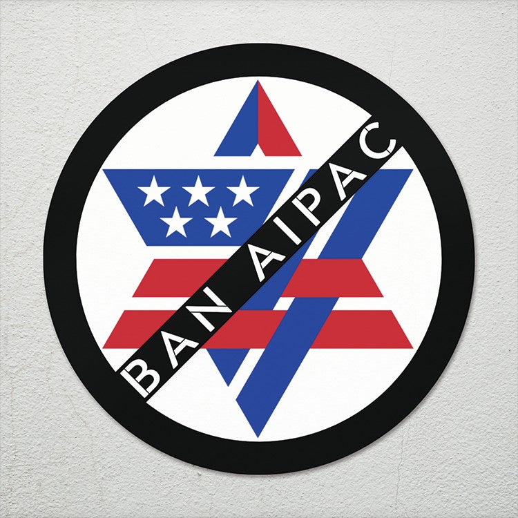 Silenced Roots circular magnet featuring a red, white, and blue protest design with the text BAN AIPAC.