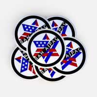 Silenced Roots BAN AIPAC circular vinyl stickers featuring a red, white, and blue star emblem on a white background.