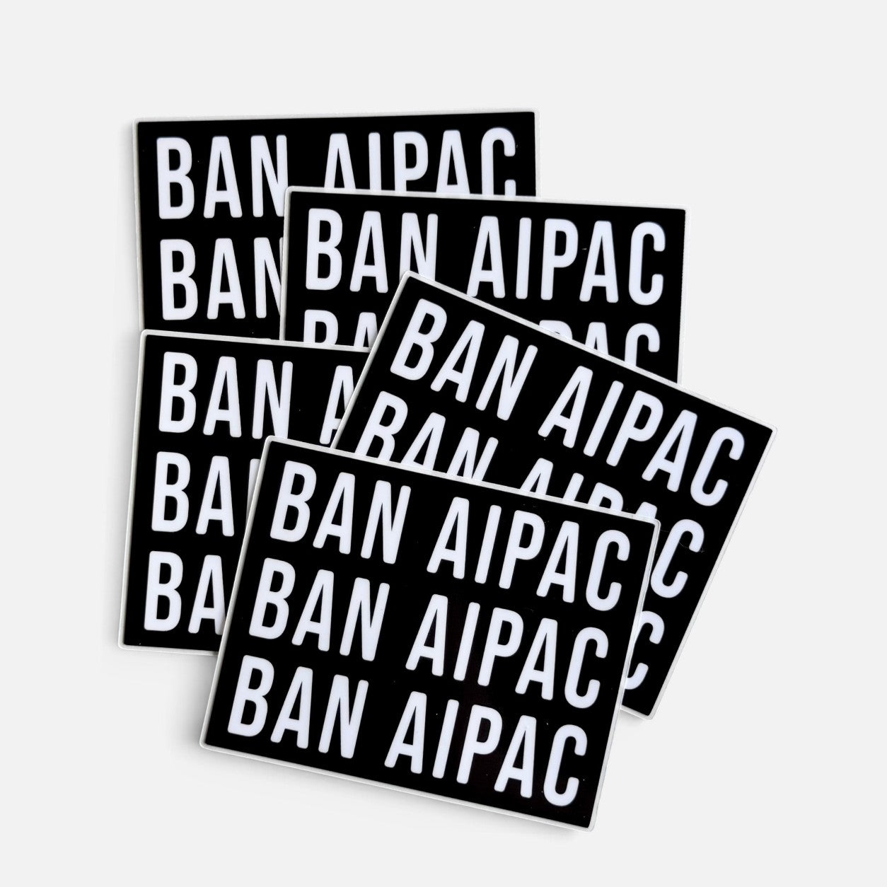 Silenced Roots BAN AIPAC vinyl sticker pack with bold white text on black background for protest and activism.