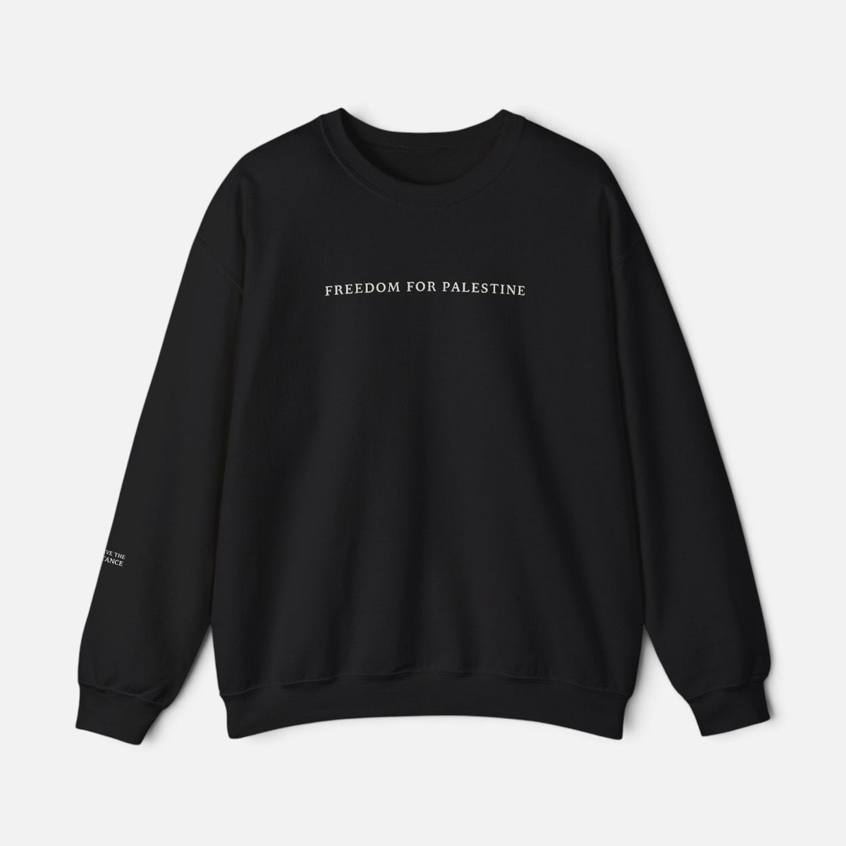 Silenced Roots black heavyweight crewneck sweatshirt with Freedom for Palestine chest print and sleeve detail.