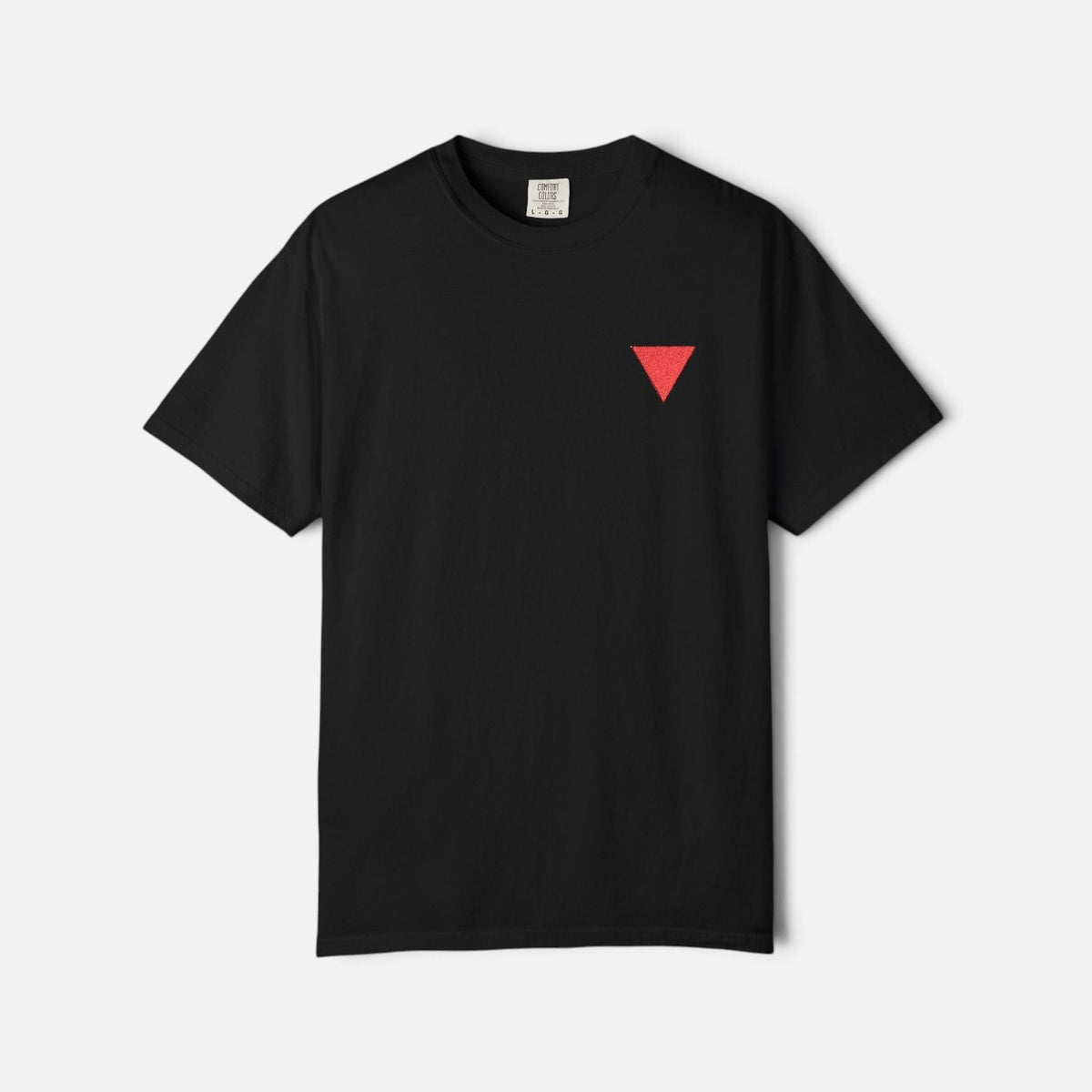 Silenced Roots black cotton t-shirt featuring a small embroidered red triangle on the left chest