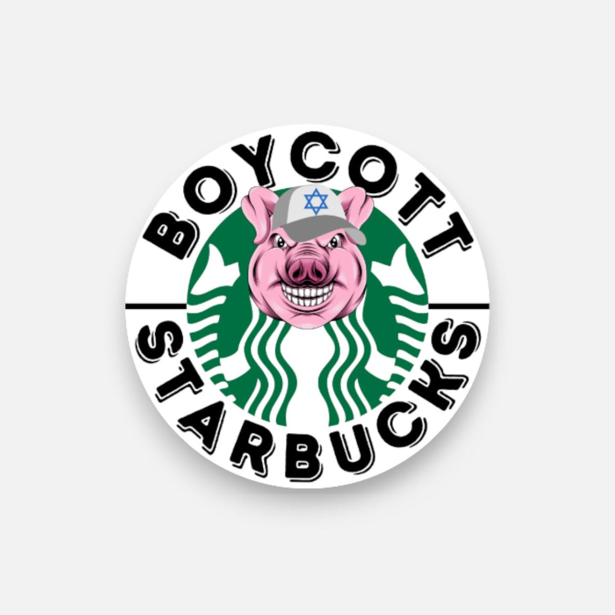 Silenced Roots Boycott Starbucks vinyl sticker featuring a pig wearing a Star of David cap in a circular design.