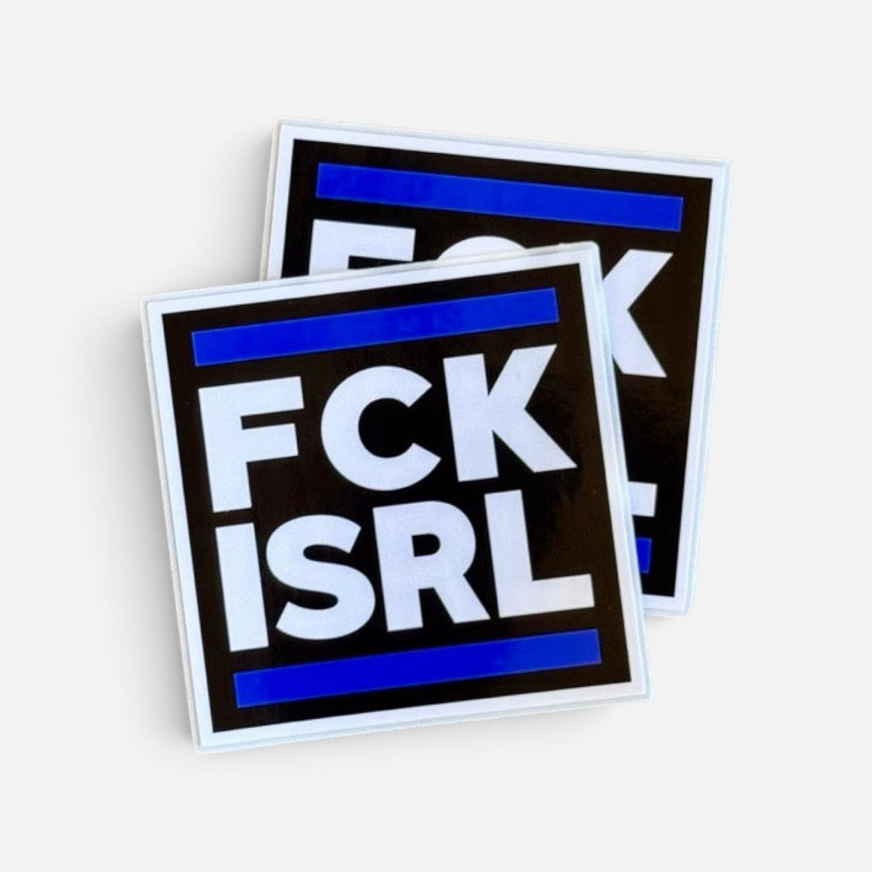 Silenced Roots FCK ISRL square vinyl sticker pack with bold white text on a black background and blue accent stripes.