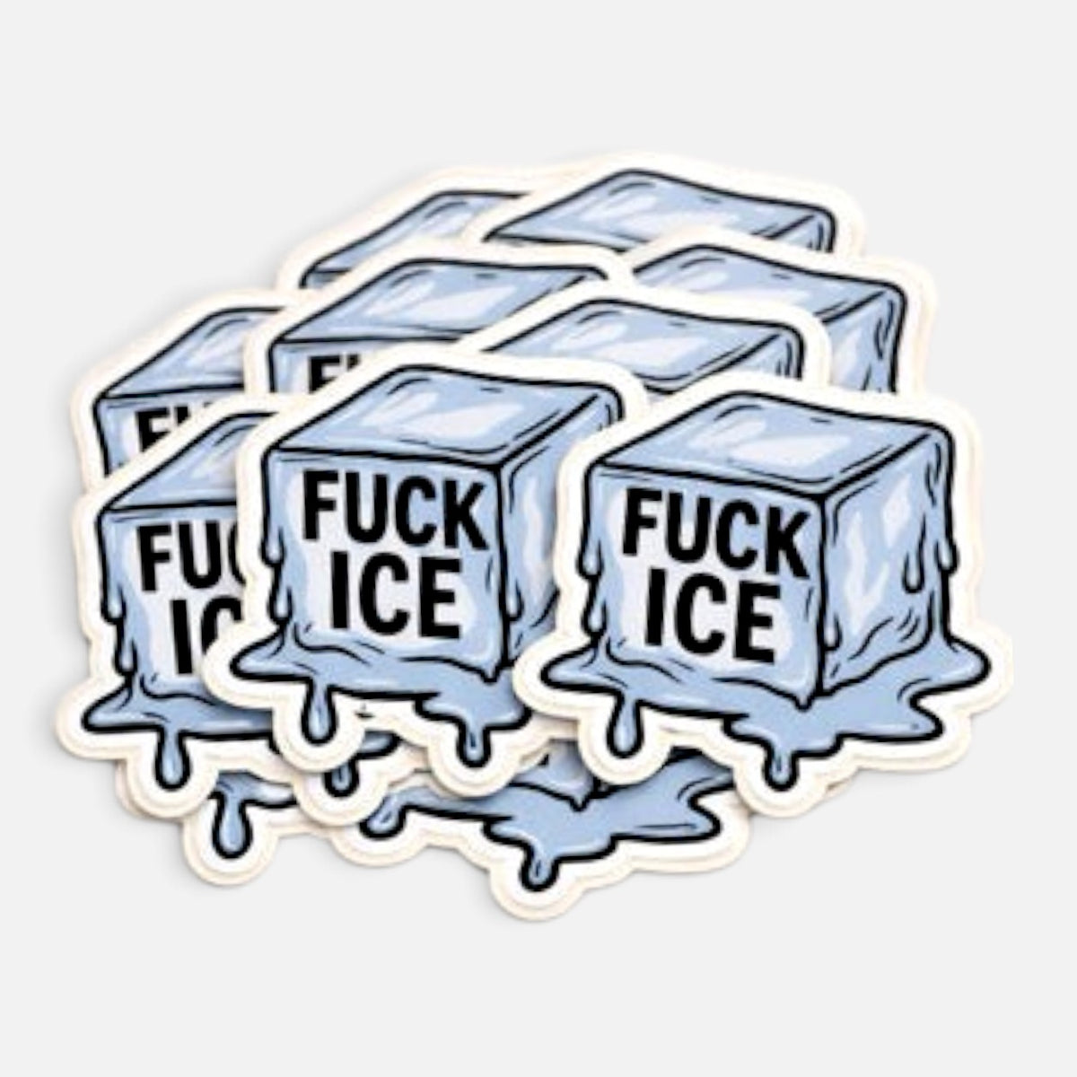 Silenced Roots Fuck ICE vinyl sticker pack featuring a melting blue ice cube design with bold black text