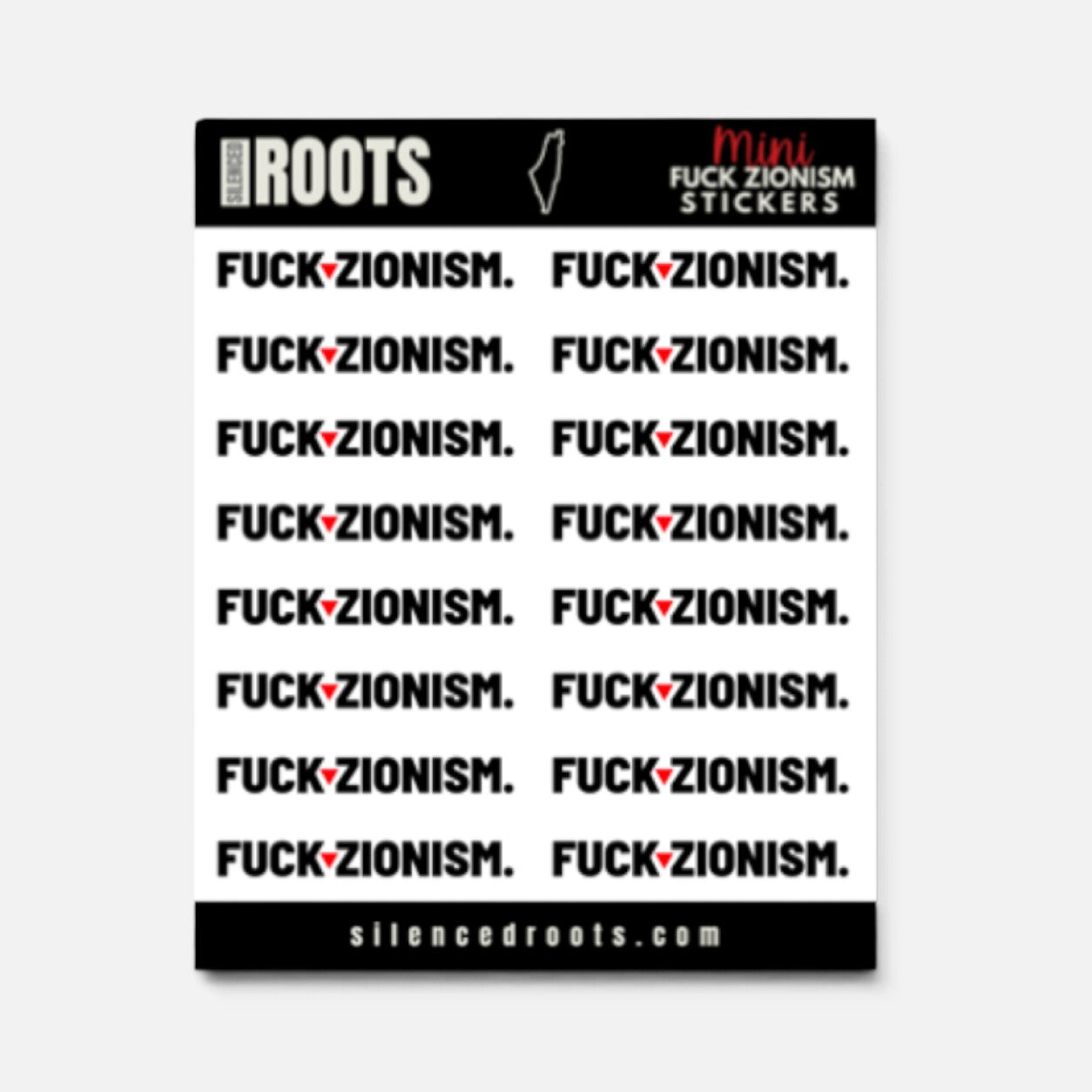 Silenced Roots sticker sheet featuring 16 mini black and white Fuck Zionism decals for laptops and journals.
