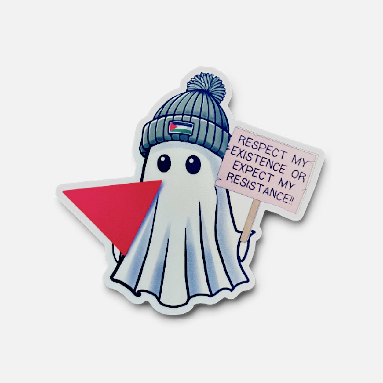 Silenced Roots Ghost of Resistance vinyl sticker featuring a ghost in a Palestine flag beanie holding a protest sign.