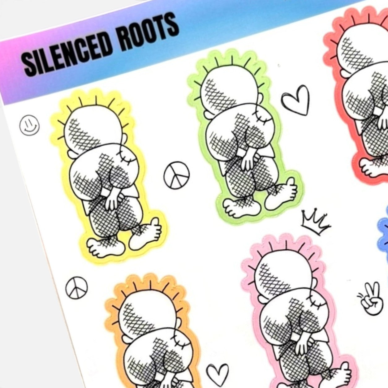 Silenced Roots Handala sticker sheet featuring ten pastel-colored Palestinian resistance character decals.