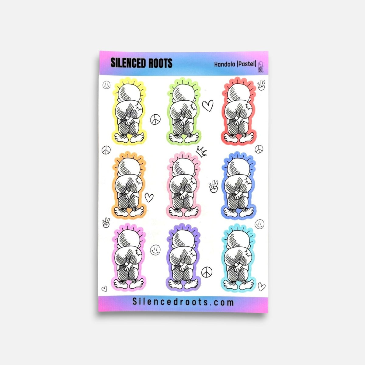 Silenced Roots Handala sticker sheet featuring ten pastel-colored Palestinian resistance character stickers.