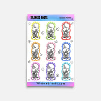 Silenced Roots Handala sticker sheet featuring ten pastel-colored Palestinian resistance character stickers.