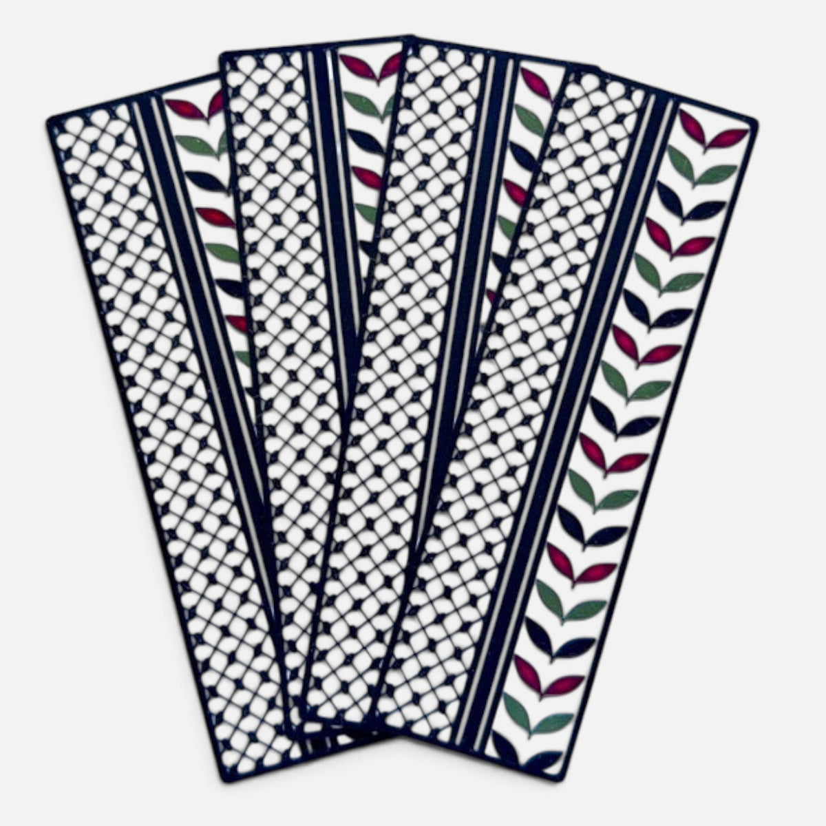 Silenced Roots 3D printed keffiyeh pattern bookmark with olive branch design and matte multicolor finish