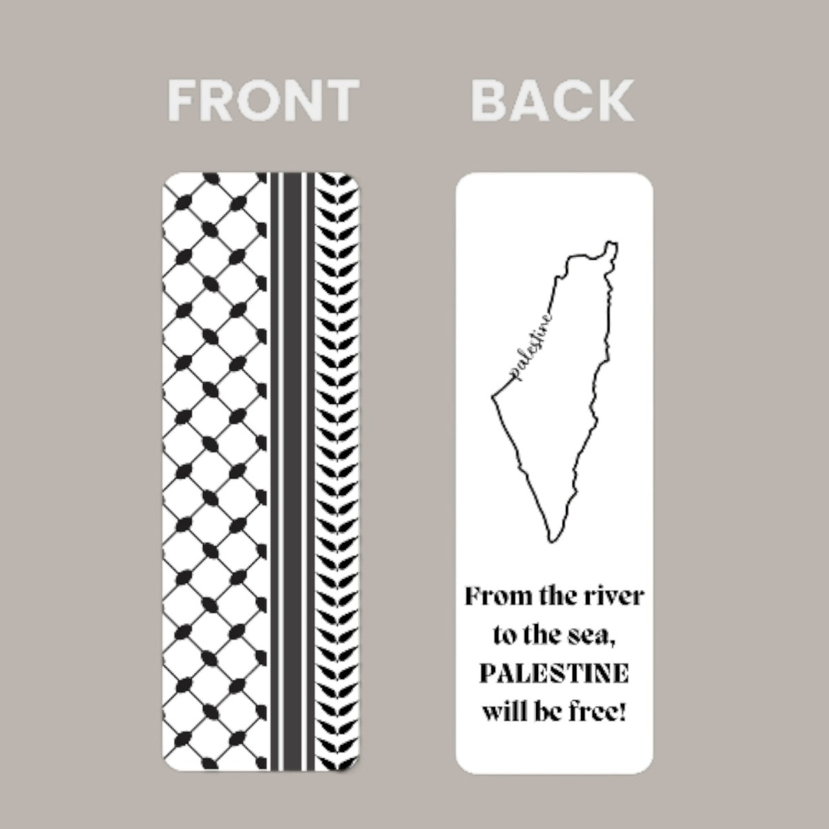 Silenced Roots Keffiyeh bookmark with black and white pattern on front and Palestine map with text on the back.