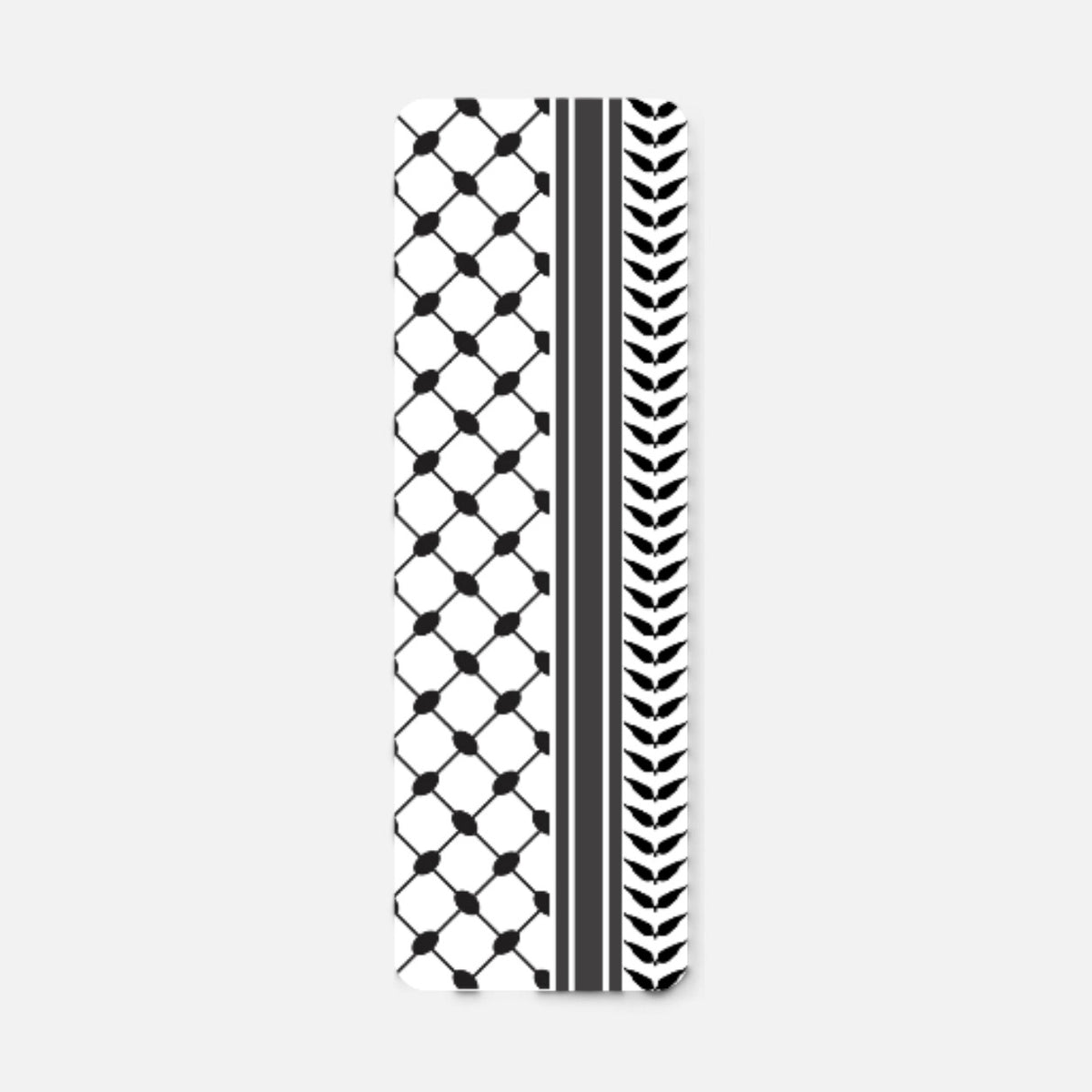 Silenced Roots black and white keffiyeh pattern bookmark with traditional geometric and olive leaf motifs