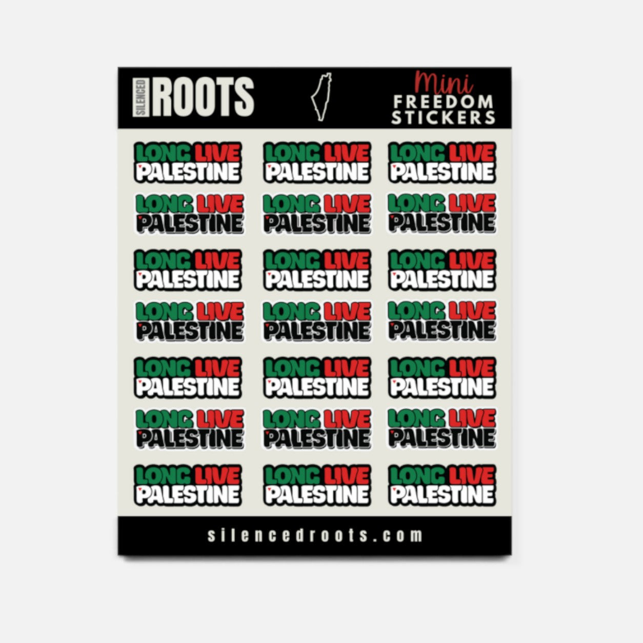 Silenced Roots Long Live Palestine sticker sheet featuring 14 water-resistant vinyl mini decals in red, black, and white.