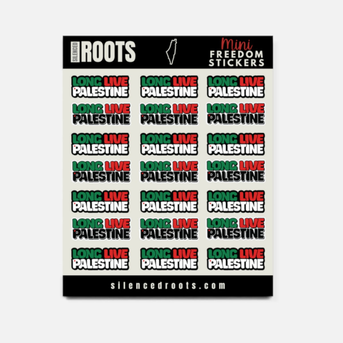 Silenced Roots Long Live Palestine sticker sheet featuring 14 water-resistant vinyl mini decals in red, black, and white.