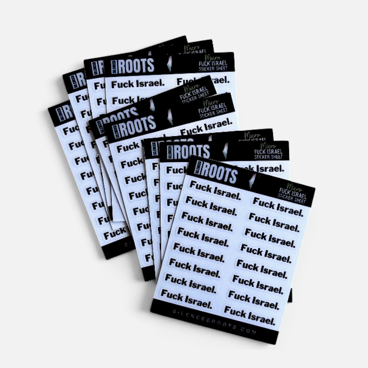Silenced Roots sticker sheets featuring 14 black and white micro protest decals with bold text on a white background.