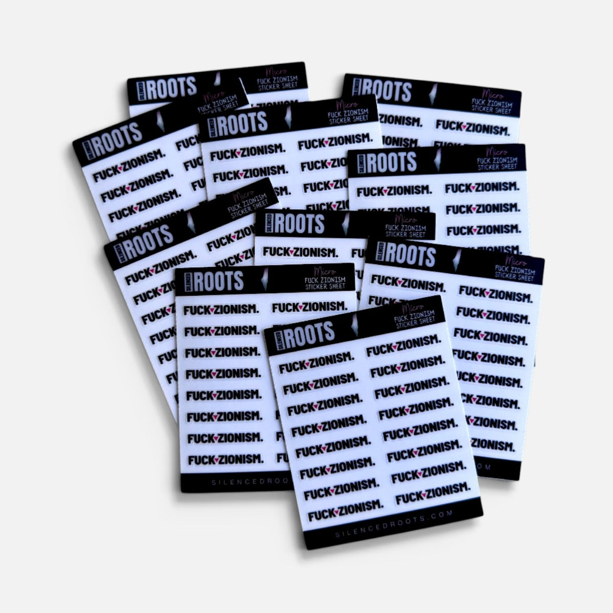 Silenced Roots sticker sheets featuring 14 black and white micro protest decals with bold text on a white background.
