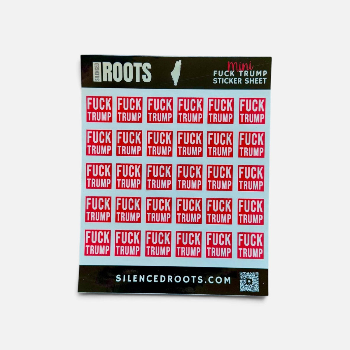 Silenced Roots mini sticker sheet featuring 30 small square red and white political protest stickers on vinyl.