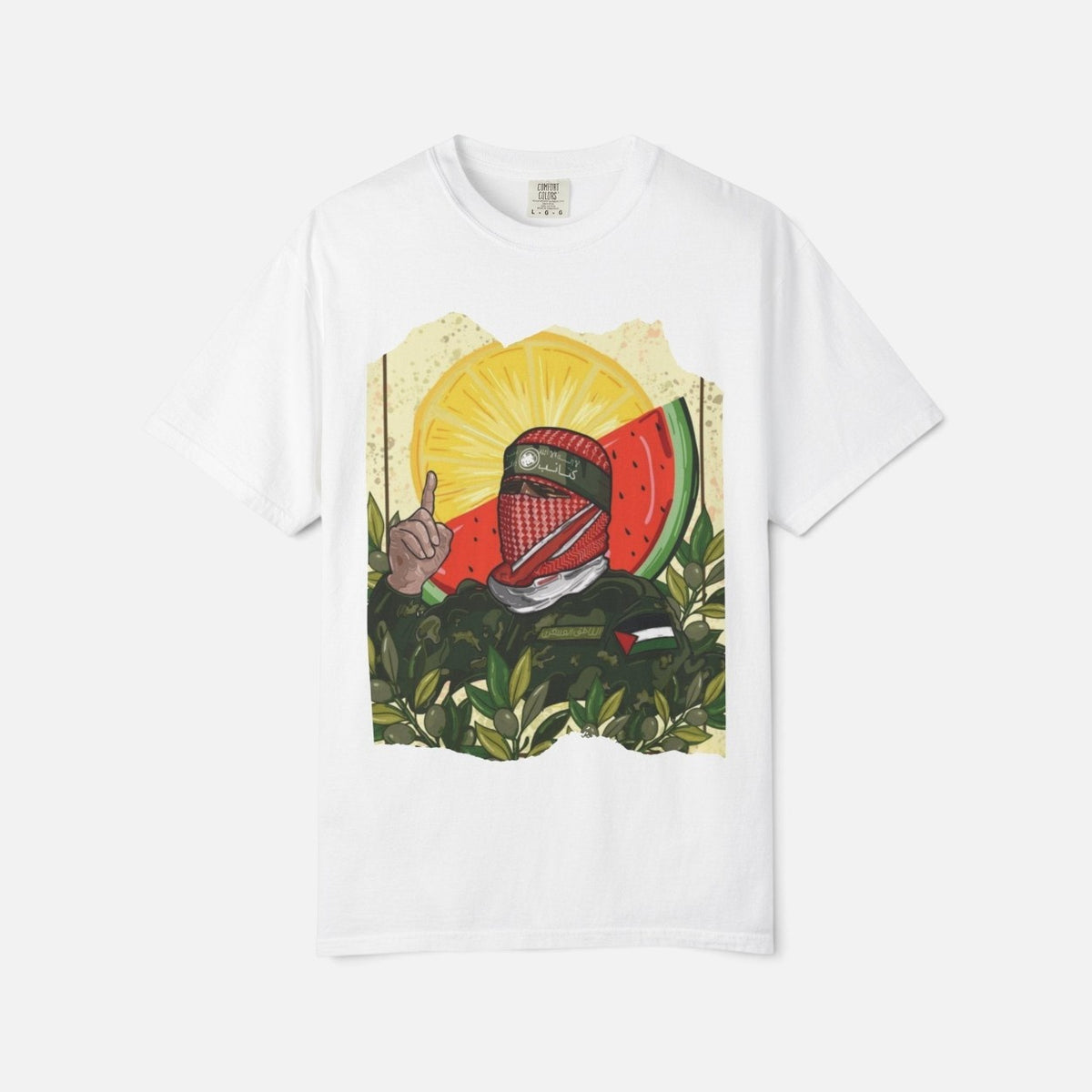 Silenced Roots white Comfort Colors cotton t-shirt featuring symbolic Palestinian resistance artwork and a watermelon